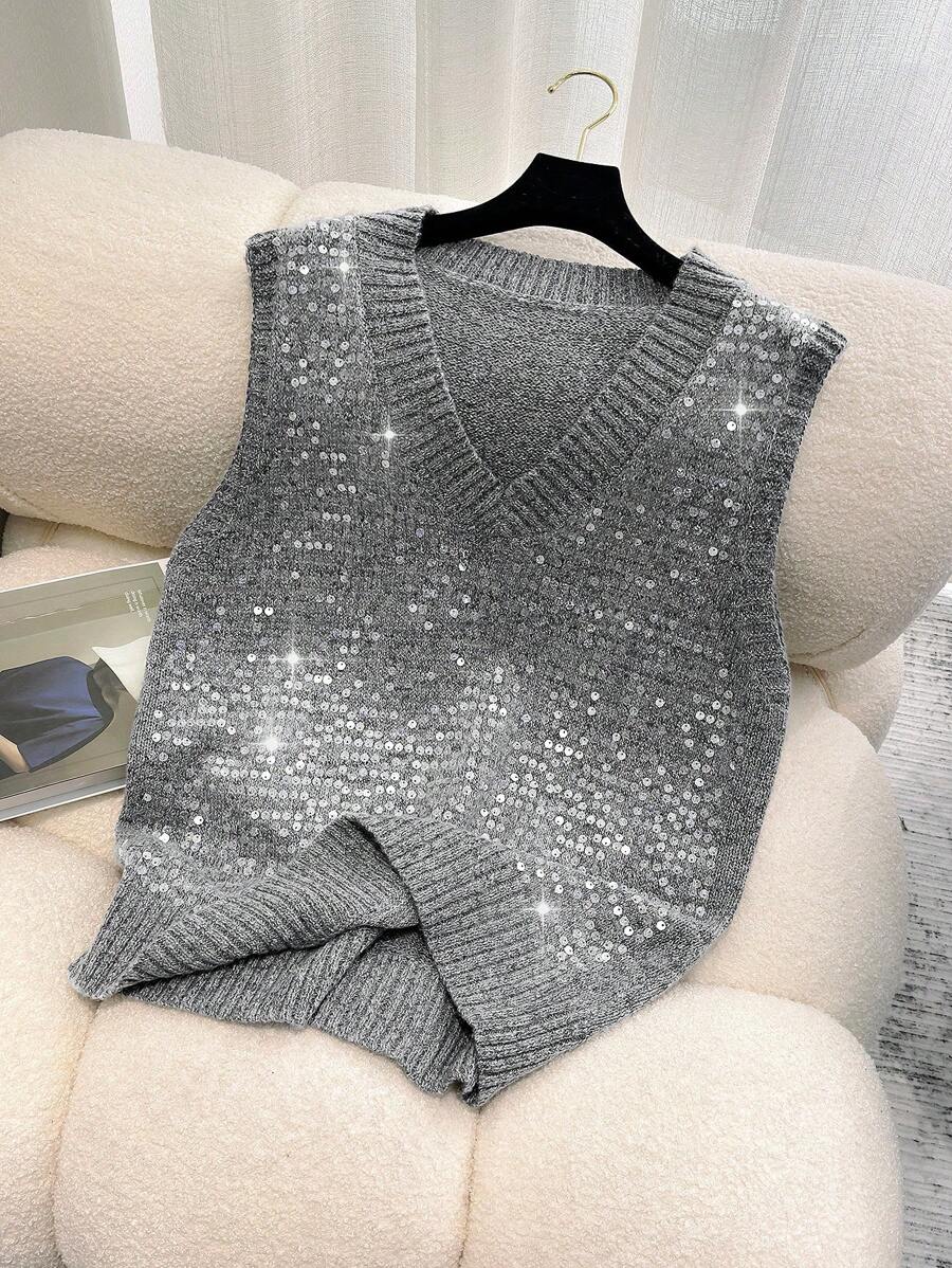 EMERY ROSE Plus Size Sequin V-Neck Sweter Bez Rękawów Kamizelka, Swobodny Codzienny Ubiór, Jesień/Zima