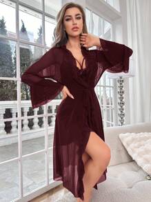 Slumberist Conjunto de camisón y bata de mujer elegante y sexy de unicolor con aplicaciones de encaje y tirantes finos - Granate - Ver 7