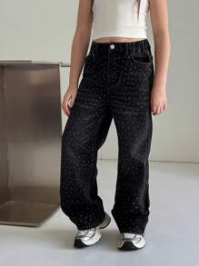 Tween Girls Fashion Rhinestone Starry Sky Washed Black Denim Jeans - Black - View 3