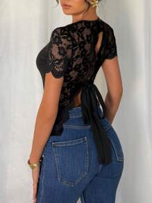 Rafferiza Áo thun nữ hở lưng buộc dây tay ngắn thời trang - màu đen - Xem 6