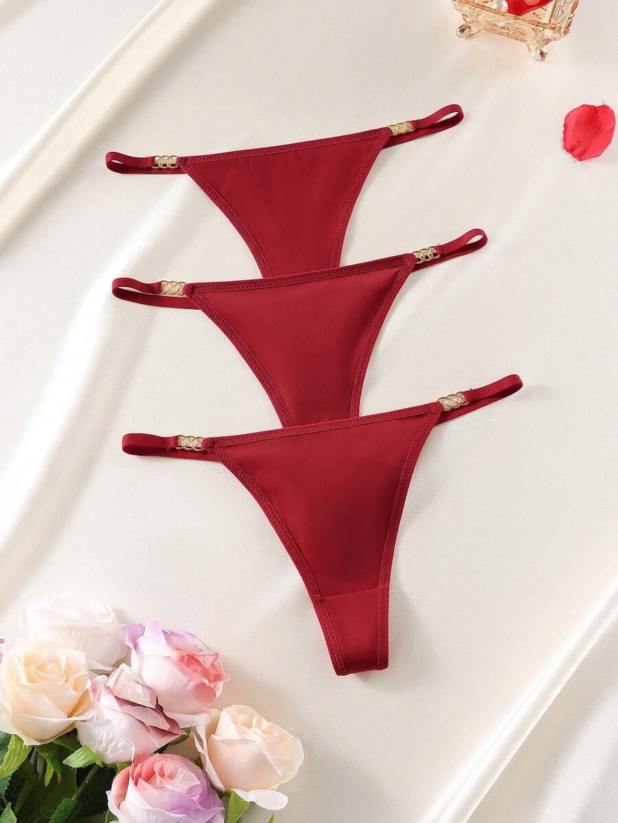 3pcs Women's Plain Metal Decor Minimalist Sexy G-Strings Casual - Burgundy - View 1