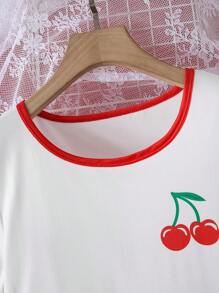 2pcs Women Contrast Color Cherry Print Drawstring Shorts Sleepwear Set - Multicolor - View 5