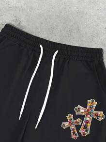 Manfinity Roughcore 男士水钻十字印花抽绳腰运动裤，适合狂欢