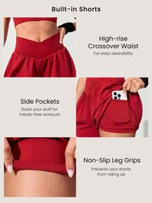 GLOWMODE Crossover Flowy Built-In Shorts 2-In-1 Quick-Dry Shorts Low Impact Breathable Cycling Running Gym Workout Summer - Maroon - View 4