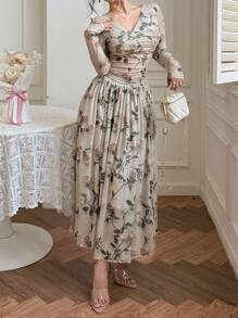 DAZY 2 件套女士夏季玫瑰印花网眼荷叶边露肩上衣和裙子套装，秋季女装 - 杏色 - 查看 3