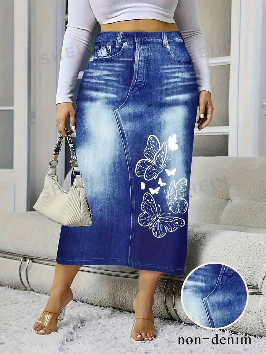 Falda casual larga de estilo midi para mujer con efecto de mezclilla y estampado de mariposas