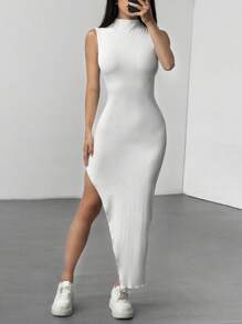 SHEIN Unity Vestido ajustado de cuello redondo acanalado blanco con abertura lateral alta, casual y elegante, versátil para uso diario y de oficina, primavera y verano para mujer - Blanco - Ver 6