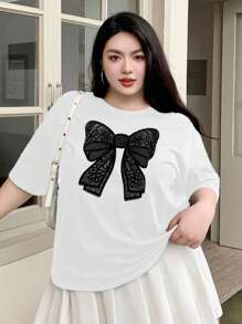 Dazy Plus Plus Size Loose Fit Round Neck 3D Butterfly Print Short Sleeve T-Shirt Summer Cute Top Oversized T-Shirt, Graphic Tee, Teacher - White - View 1