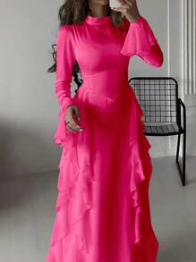 Firerie Women's Romantic Elegant High Neck Long Lantern Sleeve Ruffle Hem Dress - Pink - View 3