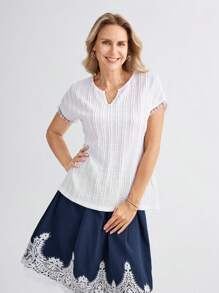 SHEIN LUNE V-Neck Short Sleeve White Textured Fabric Women Shirt, Spring/Summer - White - View 6