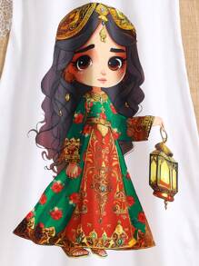 Tween Girl' Ramadan Middle East Print Dress With Cap Sleeves And Shoulder Bow Decor - Green - View 3