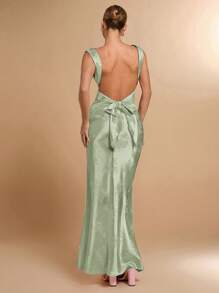 SHEIN BAE Spring & Summer Solid Color Sleeveless Sexy Open Back Bow Decor Jacquard Texture Maxi Slip Dress, Suitable For Valentine's Day, Party, Romantic Date, Bridesmaid, Ball, Work, Birthday, Pink Dress,Backless Dress - Mint Green - View 4
