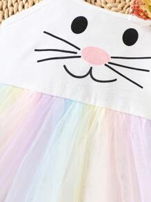Young Girls Cute Rabbit Graphic Rainbow Mesh Patchwork Spaghetti Strap Dress With Bow Decor, Suitable For Spring/Summer Holiday, Outdoor, Party, Photo Shooting - White - View 3