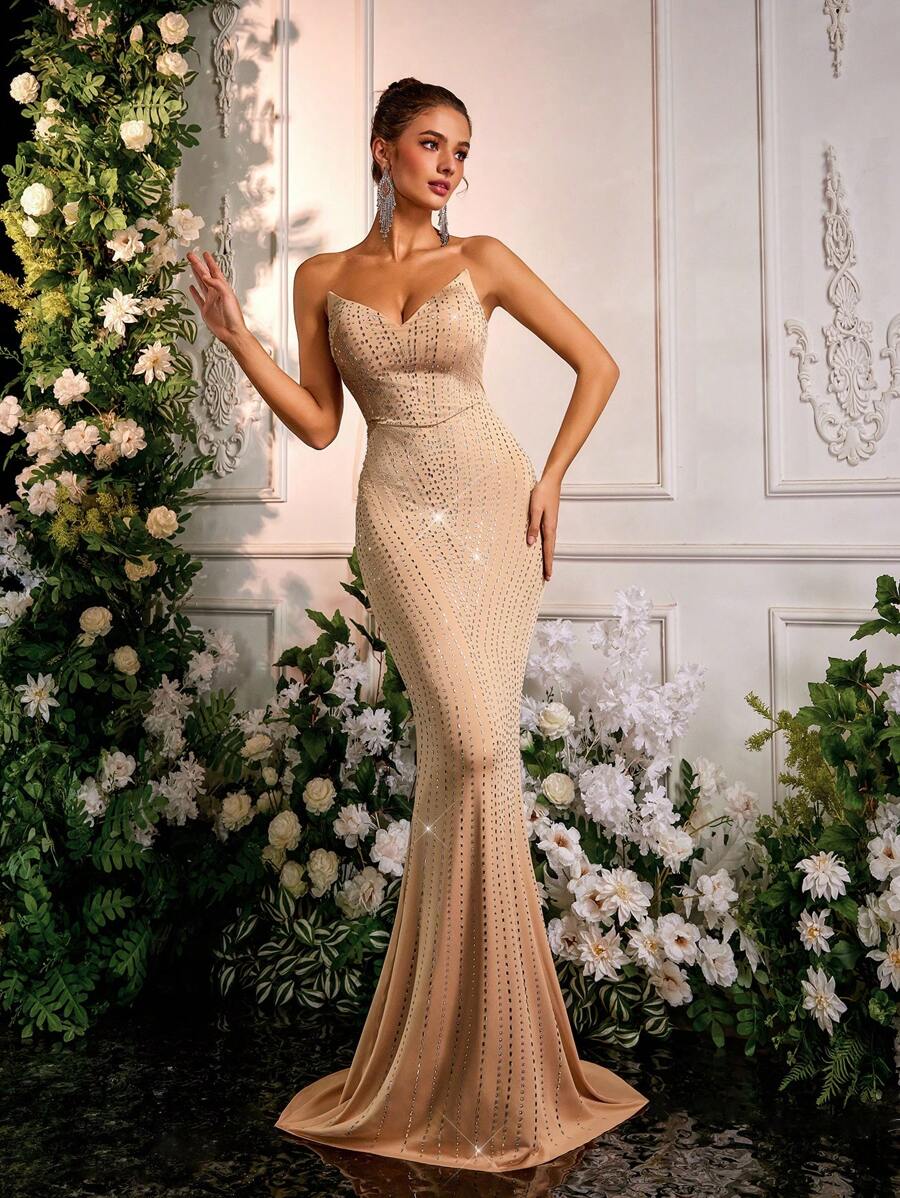 Glamrae 优雅闪亮杏色水钻点缀美人鱼风格长裙，适合正式晚会和庆典