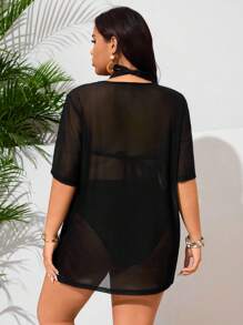 SHEIN Swim Curve Plus Size Women Butterfly Print Mesh V-Neck Short Sleeve Loose Beach Swimsuit Cover Up
