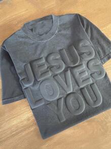 耶稣爱你，送给妈妈的礼物，泡泡印花，基督教 T 恤，流行颜色，配套套装，浮雕印花，教会商品女式 T 恤 - 灰色 - 查看 1