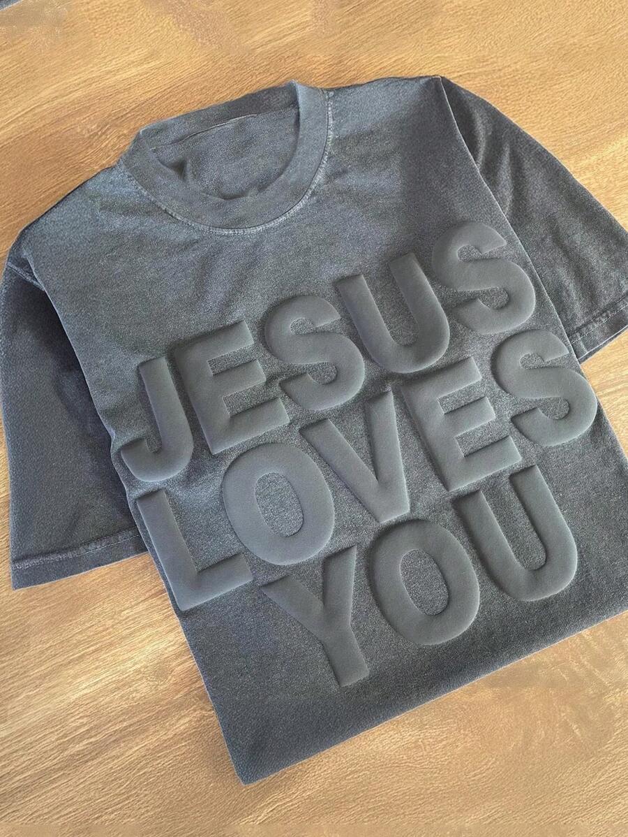 耶稣爱你，送给妈妈的礼物，泡泡印花，基督教 T 恤，流行颜色，配套套装，浮雕印花，教会商品女式 T 恤 - 灰色 - 查看 1