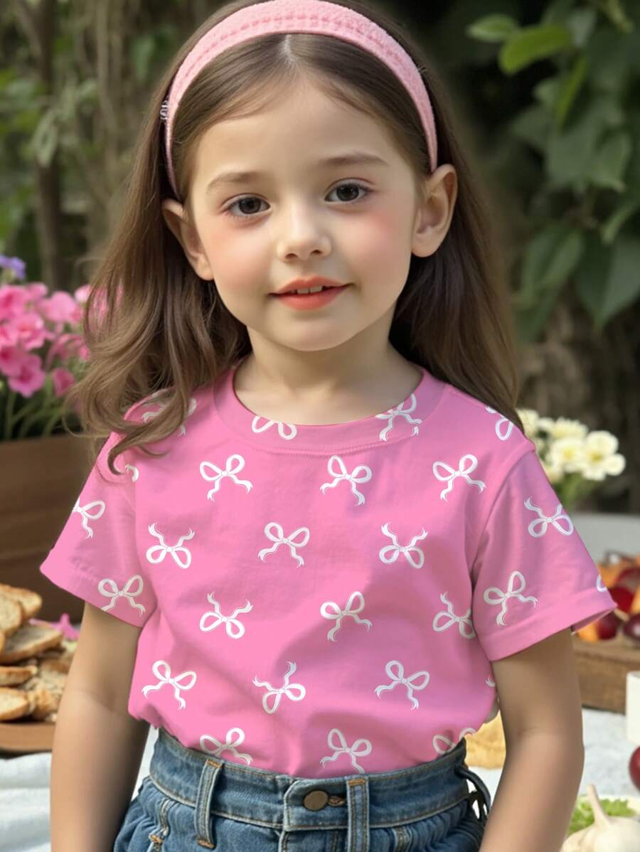 SHEIN 可爱甜美粉色蝴蝶结印花，年轻女孩休闲简约圆领短袖T恤，适合夏季 - 彩色 - 查看 1
