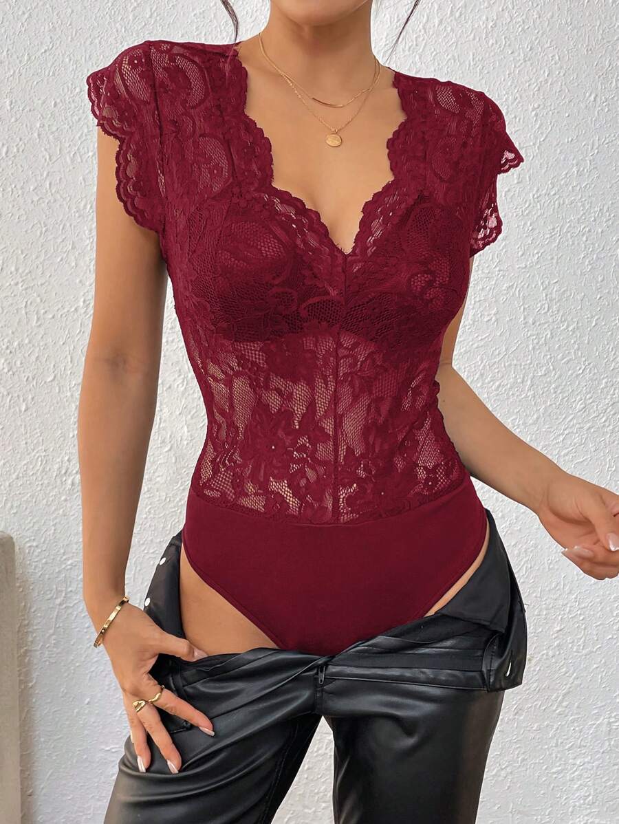 Bluhae Bộ đồ liền thân không tay thêu ren và chắp vá gợi cảm thanh lịch dành cho nữ - Màu Đỏ Sâu - Xem 1
