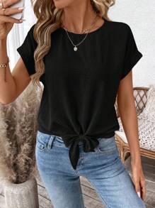 SHEIN LUNE Áo kiểu nữ tay ngắn, màu trơn, buộc dây, kiểu dáng thường ngày, thích hợp cho mùa xuân/hè. - màu đen - Xem 3
