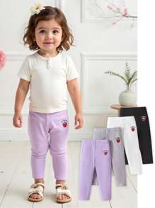 4 件套婴儿/女婴罗纹草莓字母刺绣松紧腰舒适休闲裤，适合居家和户外，春夏秋季 - 彩色 - 查看 1