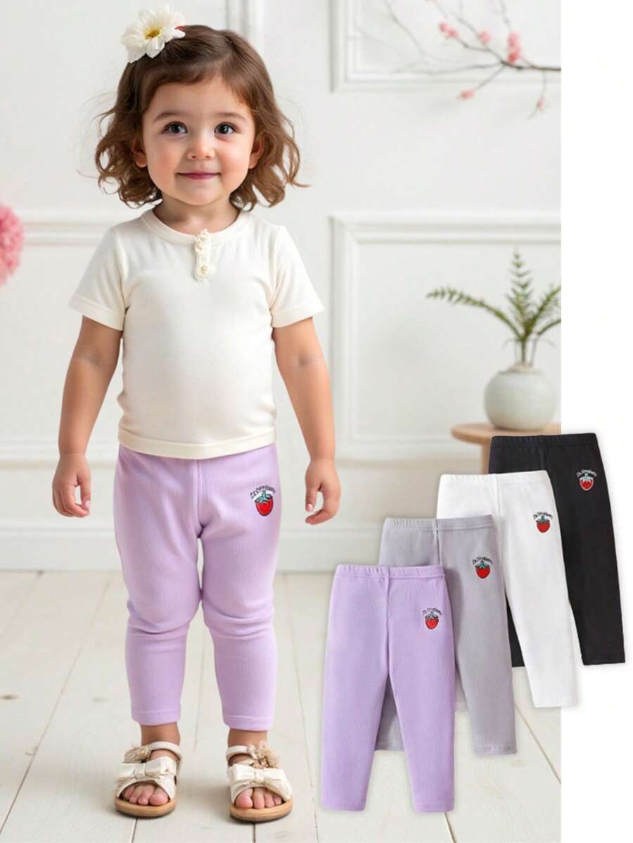 4 件套婴儿/女婴罗纹草莓字母刺绣松紧腰舒适休闲裤，适合居家和户外，春夏秋季 - 彩色 - 查看 1