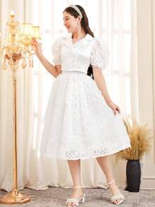 SHEIN 少女优雅翻领泡泡袖衬衫和裙子两件套 - 白色 - 查看 4