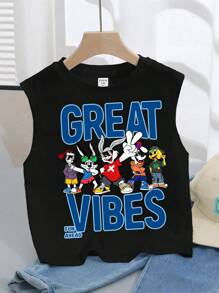 小男孩休闲简约字母印花无袖背心，适合夏季