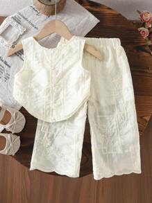 SHEIN Baby Girl Fashion Spring/Summer Sleeveless Top With Frame Embroidery And Wide-Leg Pants Set, Comfortable Fabric, High-End Fashion, Versatile For Casual Wear And Home - Beige - View 2