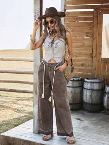 Breezaya Women's Loose Fit Pocket Flared Leg Casual Versatile Jeans Western Wear Women Boho Denim