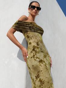Aveloria Modichic 2025 Gray-Green Floral Jacquard Flocked Texture Sexy Elegant Sophisticated Off Shoulder Bodycon Fishtail Hem Midi Dress - Apricot - View 6