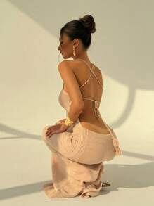 Aloruh Women's Sexy Criss-Cross Straps Backless Tassels Hollow-Out Fitted Maxi Sweater Dress Summer Crochet Dress - Khaki - View 7