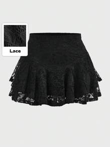 ROMWE PUNK Plus Size Lace Pleated Fashionable Skirt, School Fall - Black - View 5