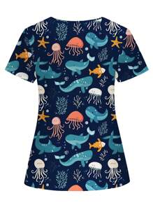PopScrub Women's Short Sleeve Nurse Uniform Top  Animal Cartoon Pattern Short Sleeve V Neck Double Pocket Top Nurse Women's Top Scrub Top  Marine Life Starfish Octopus Water Wood Seaweed Underwater Cartoon Pattern Navy Blue Hand Washing Clothes Print V Neck Frosted Scrub Top, Casual Short Sleeve Work Wear, Women Sweetheart V-Neck Ruched Blouse, Women Short Sleeve V-Neck Nurse Uniform Shirt With 2 Pockets, Soft Stretchy Ruched Graphic Tee V-Neck Short Sleeve Blouse For Lady Wear Women's V-Neck Short Sleeve Double Pocket Cute Cartoon Animal Pink Heart Rabbit Print Simple Nurse Uniform Set/Doctor Work Uniform Set/ Examination & Surgery Uniform Set/Solid Color Pet Grooming Work Uniform Set/Nutritionist Work Uniform Short Sleeve Set/Functional Multi-Pocket Lab Work Uniform Top - Royal Blue - View 4