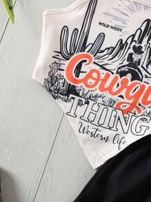 2025 Spring/Summer New Collection Casual & Comfortable Asymmetrical Hem Western Printed Camisole Top Paired With Black A-Line Pants, Tween Girl 2 Pieces Set, Suitable For Daily Wear, Outings, And Family Gatherings