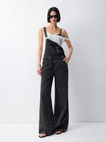 LYSMO Women's Pocket Wide Leg Loose Casual Versatile Denim Jumpsuit 2025 New Summer - Black - View 5