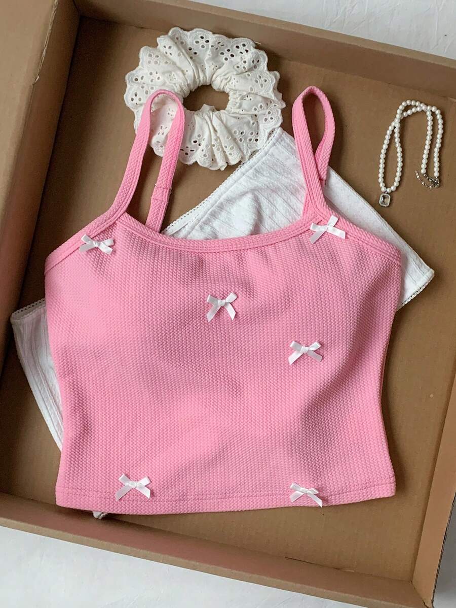 Comfortcana 夏季休闲蝴蝶结装饰短款吊带背心 - 粉色 - 查看 1