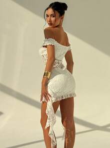 Aloruh 女士优雅花卉蕾丝拼布露肩迷你连衣裙 - 白色 - 查看 2