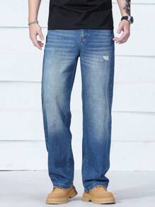 Manfinity EZcore Men's Medium Wash Denim Jeans: Long Zipper Fly Relaxed Fit With Distressed Detail - Medium Wash - View 4