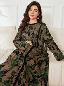 SHEIN Lacomfia Váy họa tiết hoa cỡ lớn phong cách cổ điển - màu xanh lá - Xem 3