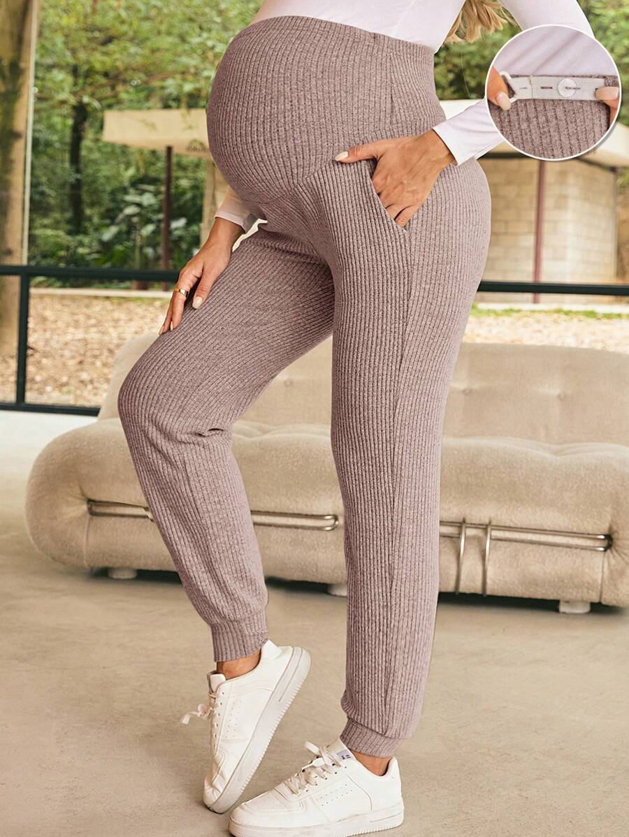 SHEIN Women's Dusty Pink Knitted Maternity Pants: Comfortable And Stylish Full Length Casual Pregnancy Trousers With Pockets - Dusty Pink - View 1