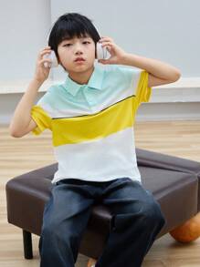 SHEIN Tween Boys' Loose Fit Casual Two Tone Stripe Polo Shirt With Turn-Down Collar Short Sleeve