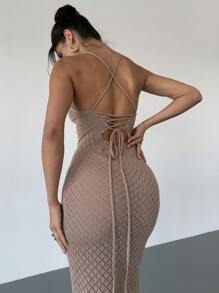 Firerie New Elegant Apricot Deep V-Neck Hollow Out Backless Cross Strap Fitted Crochet Spaghetti Strap Dress, Vacation Style, Spring/Summer Concert Rave Outfit Women