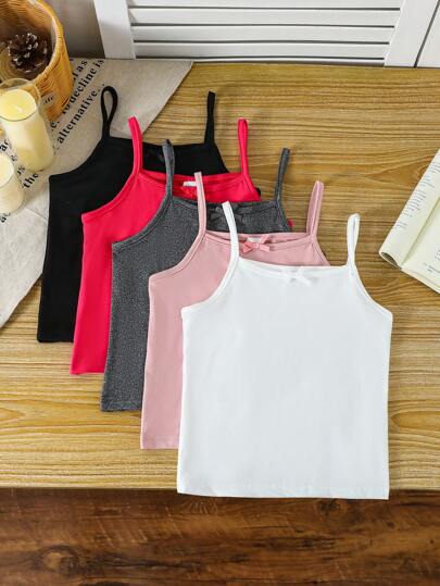 SHEIN Genkimix Kids Ung flicka 5 st/pack Casual Vit Milksilk Tyg Camisole Toppar med rosettdekor, bekväma lager väst Toppar att bära