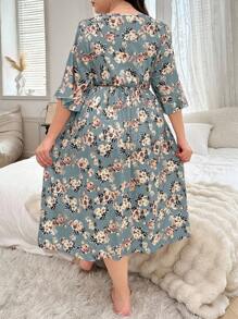 SHEIN Plus Size Lace Trim V-Neck Floral Pattern Sleep Dress, Cozy Outfit, Fall & Winter - Multicolor - View 2