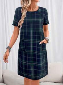 EMERY ROSE Women's Casual Plaid Pattern Double Pocket Short Dress, Spring/Summer - Green - View 3