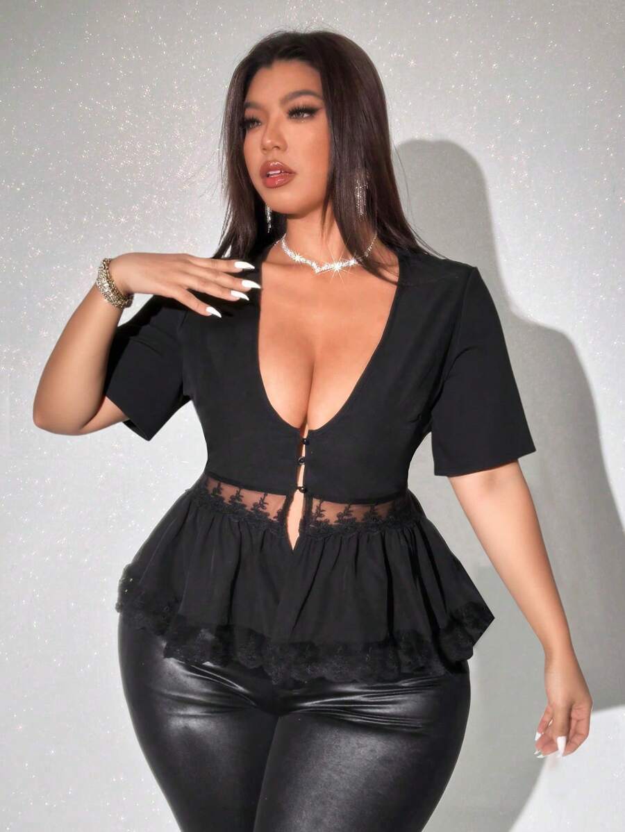 Viva Relle Áo sơ mi ren mùa hè gợi cảm cỡ lớn, trang phục nữ - màu đen - Xem 1