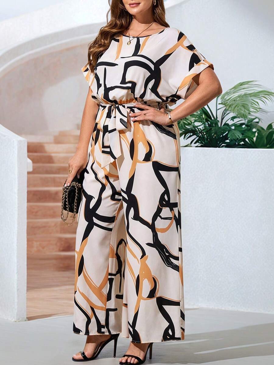 SHEIN Clasi Curve Plus Size 女式复古条纹印花短袖休闲连体裤、连体裤、女士度假装、女士夏装、女士商务休闲装、外出装、女士办公室装、女士春装、节日装、复古装、纯色、休闲装、女士连体裤 - 彩色 - 查看 1