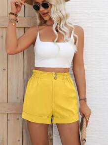 Breezaya Women's Solid Color Frill Trim Casual Loose Shorts - Yellow - View 5