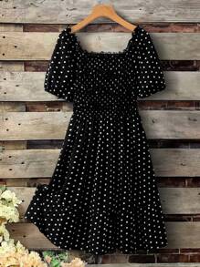SHEIN Clasi Plus Size Polka Dot Print Short Sleeve Square Neck Simple Casual Dress - Black and White - View 1